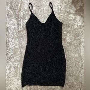 Pretty Little Thing - Black glitter textured, sheer strappy bodycon dress
